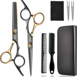 Korting 🥰 YUBBI™ Professionele Kappersschaar Set - 8 Delig - Knipschaar - Coupeschaar - Uitdunschaar - Snijkam - Zwart Goud ⭐